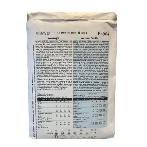 Butterick B4964 Infant Gown Coat Jacket Panties Hat OSZ Vintage - Picture 2 of 2
